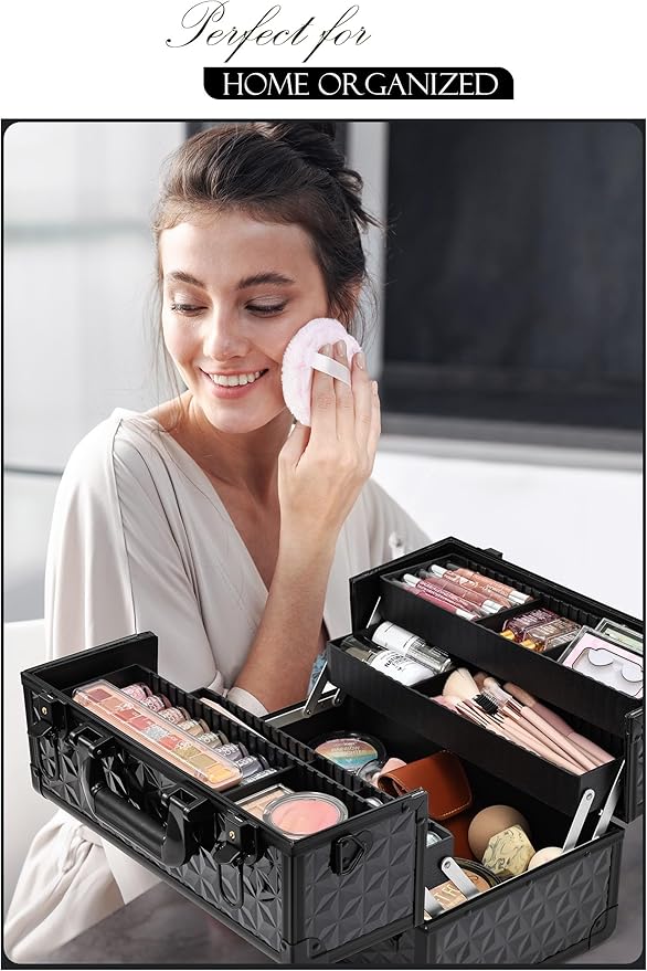 Joligrace Makeup Train Case Professional Cosmetic Organizer Aluminum Storage Box with 4 Adjustable Dividers Trays Lockable Portable with Shoulder Strap