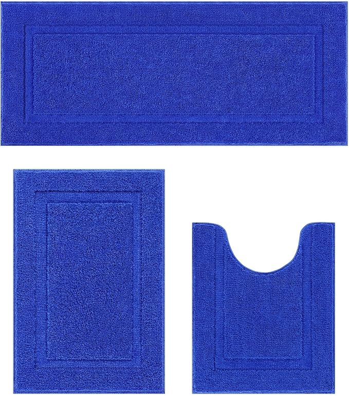 SHACOS Soft Fluffy Bathroom Runner Rugs Set of 3 Bath Mats with U Shape Toilet Rugs Non Slip Washable Bath Rugs Absorbent Bathroom Carpet for Shower Tub, Royal Blue