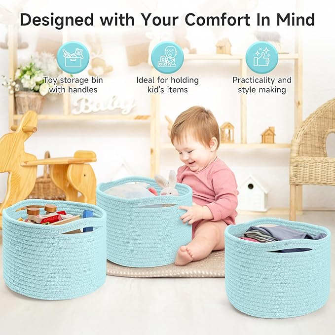 Small Rope Baskets for Storage, Baskets for Gifts Empty, Cute Round Woven Basket, Decorative Shelf Baskets 9.82×9.82×7.1", Cotton Toy Basket Storage Bins for Organizer 3 Packs