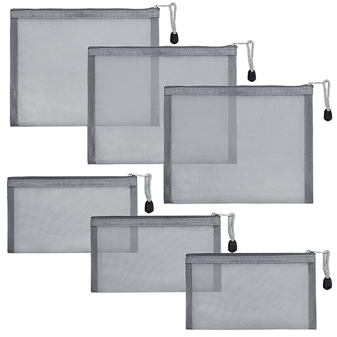 6 Pack Mesh Cosmetic Bags, Nylon Makeup Pouches with Zipper for Home Office Purse Diaper Bag (Grey)
