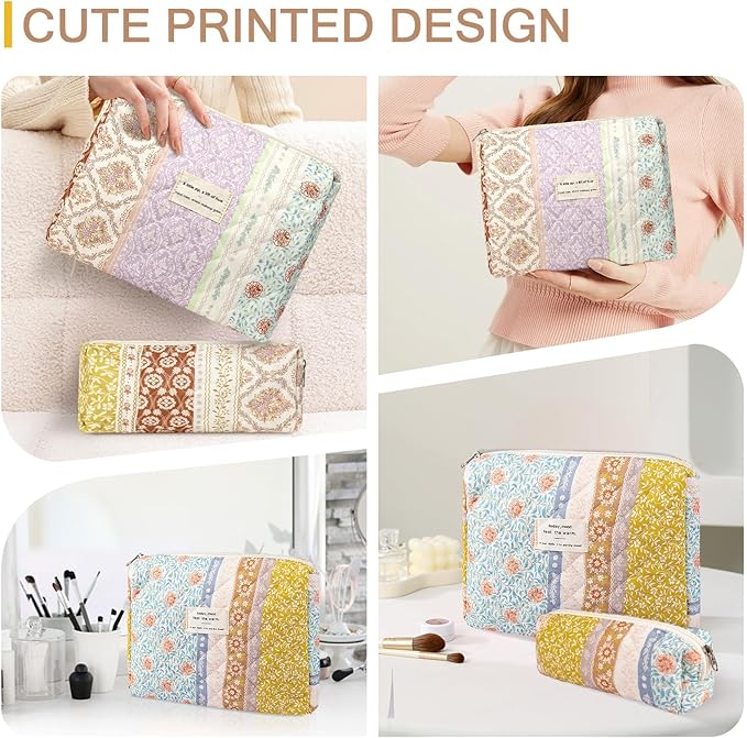 2PC Makeup Bag Set, Cute Cosmetic Bag for Women Girls, Floral Coquette Aesthetic Toiletry Bag, Travel Make Up Organizer Bag (Color-Coded Floral)