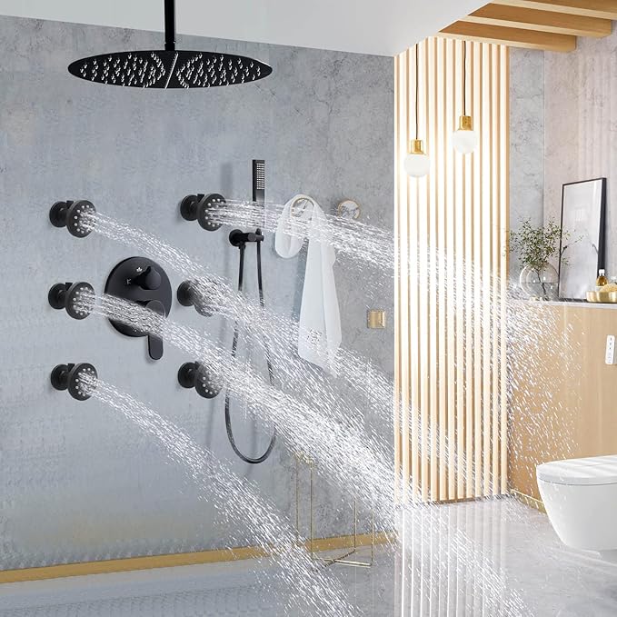 2-Inch Brass Shower Body Spray Jets with On Off Switch Round Showerhead Body Sprays Wall Mount Massage Spa Jet, 2-Function, Flow control and 360° rotation (Matte Black)