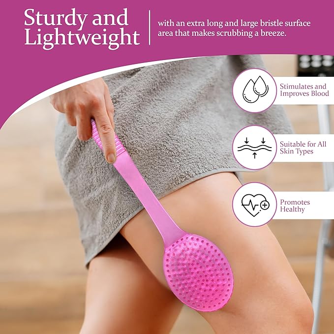 DecorRack Bath Brush with Bristles, Long Handle for Exfoliating Back, Body, and Feet, Bath and Shower Scrubber, Pink (1 Pack)