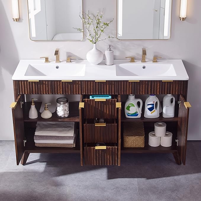T4TREAM 60" Fluted Bathroom Vanity with Resin Sink Combo，Freestanding Modern Bathroom Storage Vanity Cabinet with Soft Closing Doors & 3 Drawers，Wood Grain Texture，Metal Handle，Dark Walnut