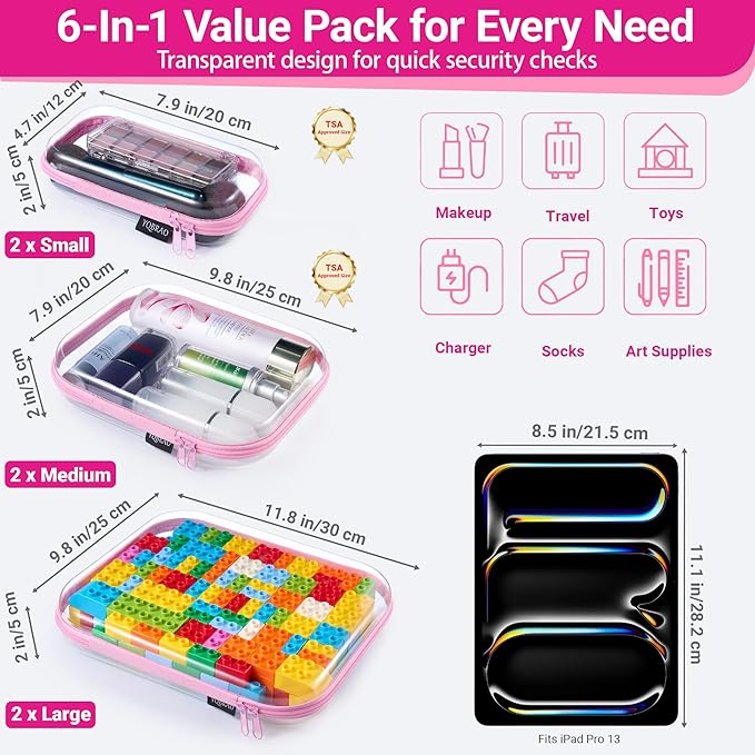6 Pack Clear Hard Shell Zipper Case, See-Through Hard Plastic Organizer Pouches with Zipper for Travel, Toiletries, Makeup, Electronics & Pencils - Crush-Resistant Storage (Pink)