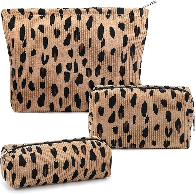 3 Pcs Makeup Bag Cosmetic Bag Set for Girls Women Travel Organizer Bathroom Toiletry Pouch Large Capacity Storage Bag (Leopard Brown)