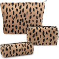 3 Pcs Makeup Bag Cosmetic Bag Set for Girls Women Travel Organizer Bathroom Toiletry Pouch Large Capacity Storage Bag (Leopard Brown)