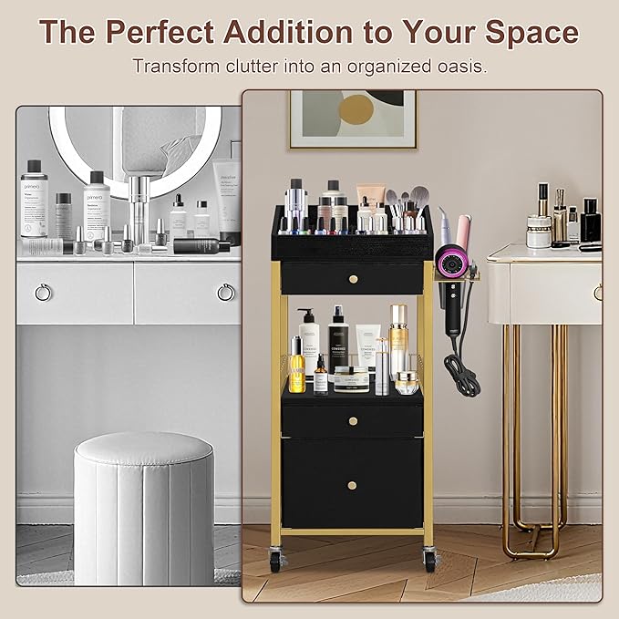 Large Makeup Cart with Detachable Hair Tool Organizer, Floor Makeup Organizer with 3 Drawers and Wheels, Cosmetic Display Cases Holder for Skin Care Perfume Nail Polish,Modern Gold & Black