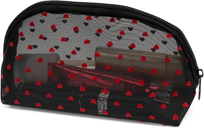 Portable Mesh Makeup Bag with Zipper Small Travel Toiletry Bag Lightweight Cosmetic Pouch (Black&Red Heart Half Round)