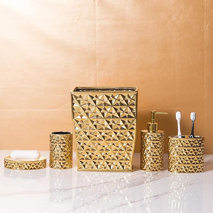 Gold Bathroom Accessory Sets 4 Piece Ceramic Gift Set Apartment Necessities,Includes Soap Dispenser, Toothbrush Holder, Toothbrush Cup, Soap Dish for Decorative Countertop Housewarming Gift