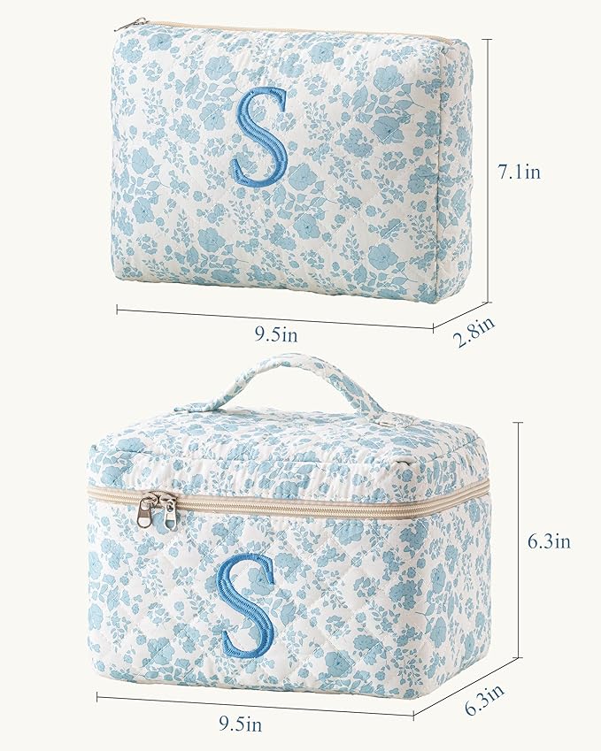 HBselect 2Pcs Initial Makeup Bag, Quilted Makeup Bag, Cotton Large Travel Makeup Bag, Cute Floral Coquette Make up Bag Cosmetic Bag Toiletry Bag for Women Girls S