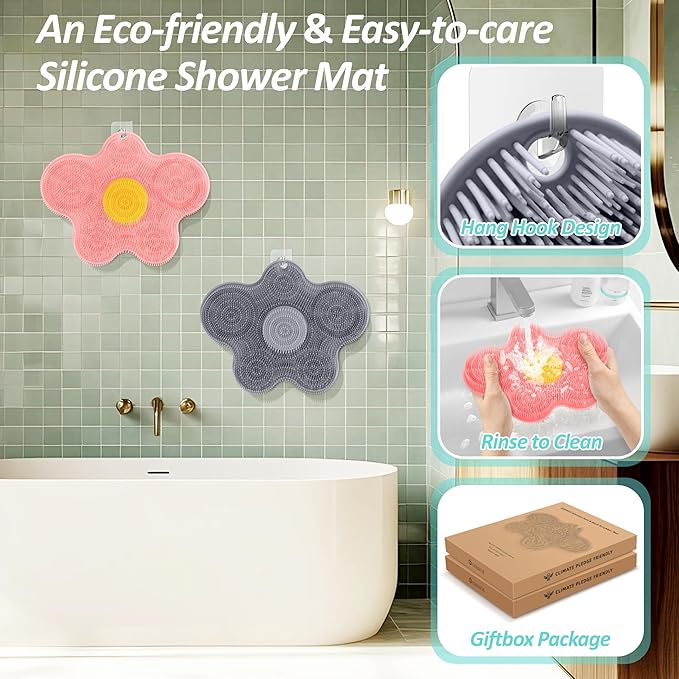 New Silicone Shower Foot Scrubber Mat, Large Wall-Mounted Back Scrubber Back Washer with Long Bristles & Powerful Suction Cups, Easy to Clean Exfoliate and Massage Without Bending(Pink)