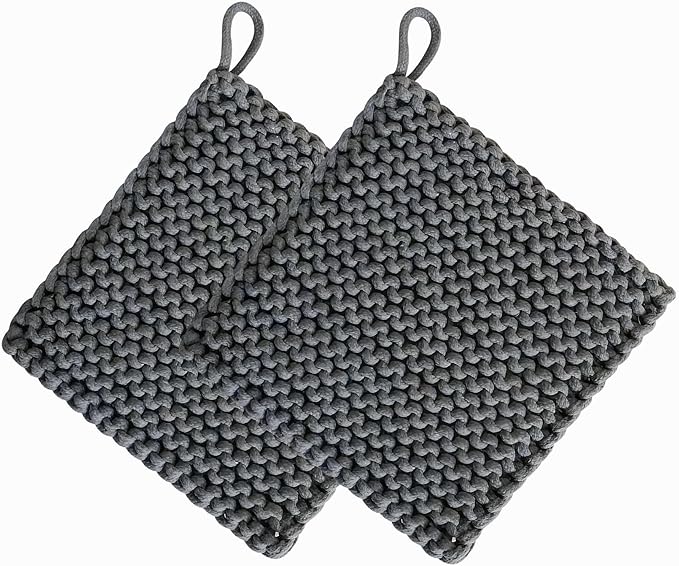 Eiyye Thick Crocheted Pot Holders, Handmade Hot Pads Crocheted Trivets for Kitchen hot Dishes(2-Pack), 8"x8" (Dark Grey)
