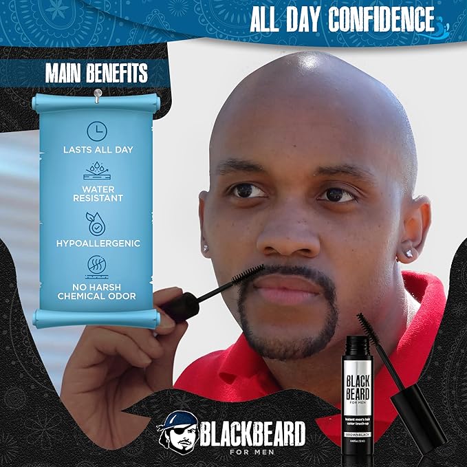 Blackbeard for Men Beard Color – 1-Day Beard, Mustache, Eyebrow, Sideburns Color – Temporary Facial Hair Tint - Hypoallergenic Beard Dye Alternative – Up to 45 applications – Brown/Black, 6 Pack