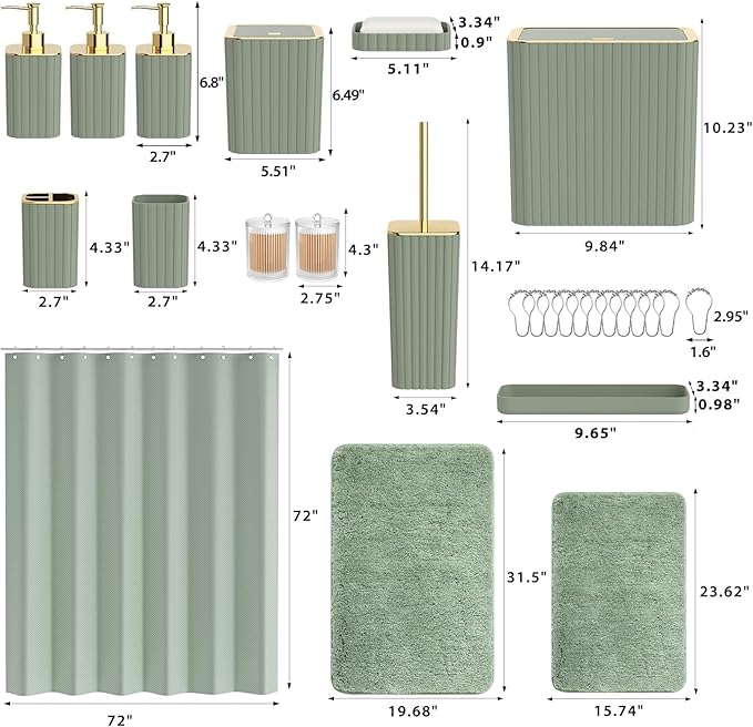 Bathroom Set - Bathroom Sets with Shower Curtain and Rugs, Sage Green Bathroom Set, 27PC Bathroom Accessories Set, Mini Trash Can, Toilet Brush, Trash Can & Soap Dispenser
