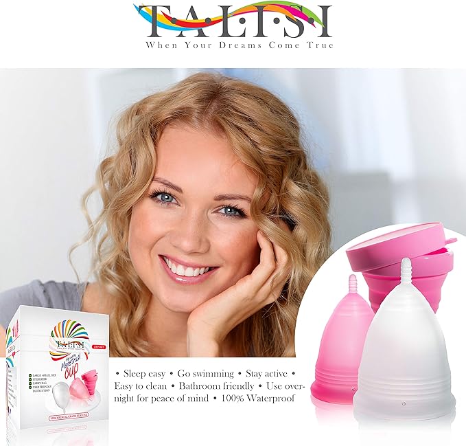 Talisi Menstrual Cups Set of 2 with Collapsible Cleaner Silicone Sterilizer - Soft Reusable Period Kit - Tampon Pads Disc Alternative - Menstruation Feminine Cup Regular, Heavy Flow (Small & Large)