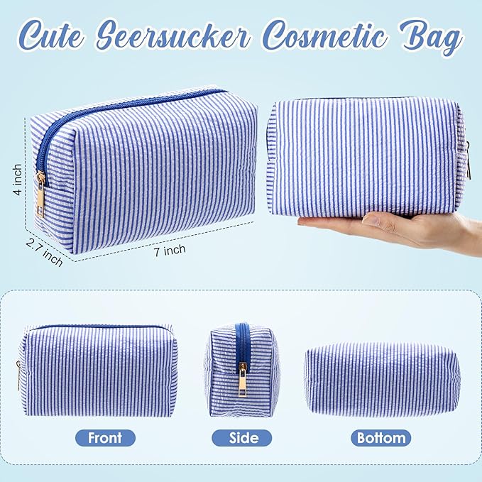 Sanwuta 12 Pcs Seersucker Cosmetic Bags Bulk Seersucker Makeup Bags Stripe Women Pouch Large Preppy Storage Pouch Toiletry Travel Organizer for Wedding Bridesmaid Bride Favor Mom Gift (Blue)