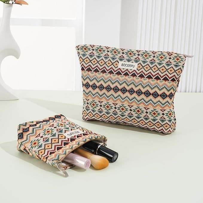 2 PCS Makeup Bag Set，Portable Small Cosmetic Bag for Purse ，Large Storage Capacity Toiletry Bag Organizer，Travel Pouch with Zipper for Women, (Bohemian Style)