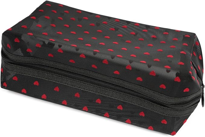 Portable Mesh Makeup Bag with Zipper Small Travel Toiletry Bag Lightweight Cosmetic Pouch (Black Square Red Heart)
