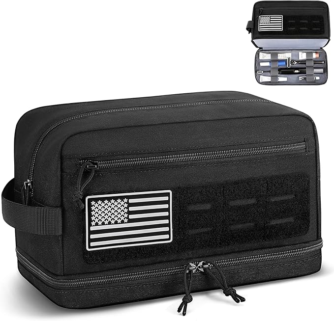 ETRONIK Tactical Toiletry Bag for Men, Travel Hygiene Bag with Double-layer, Hanging Toiletry Bag Water-Resistant Shaving Dopp Kit with EDC Molle Pouches, Bathroom Shower Makeup Bag Women, Black