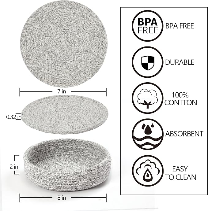Coga Trivets for Dishes, Pots and Pans - 7 Inch Hot Pads, 5 Pcs with Storage Basket - Cotton Table Protector, Heat Resistant (Grey)