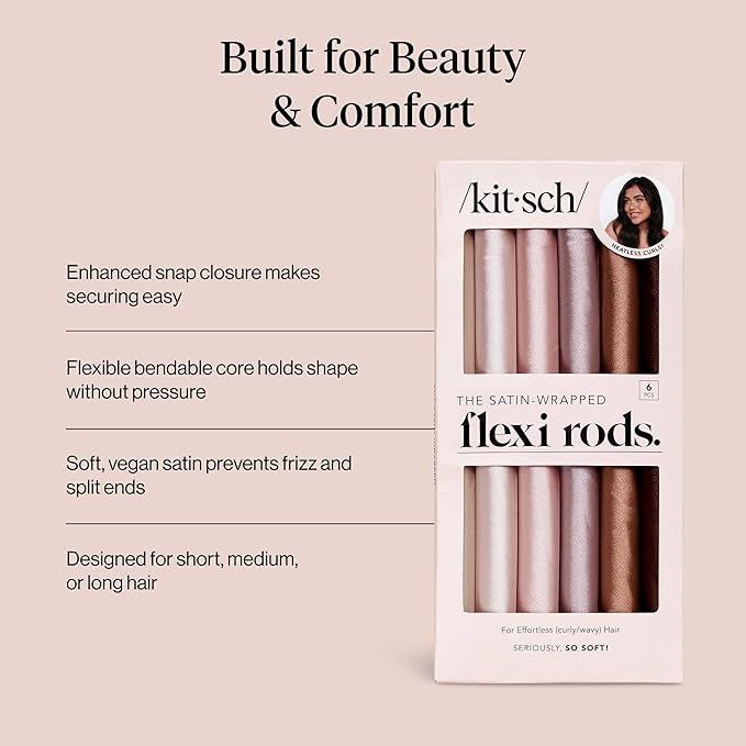 Kitsch Satin Hair Curlers, Heatless Curling Rod - Flexi Rod for Heatless Curls Overnight for Women, Comfortable Hair Curlers to Sleep In for Frizz-Free, No Heat Damage Styling - 6 pcs, Rosewood