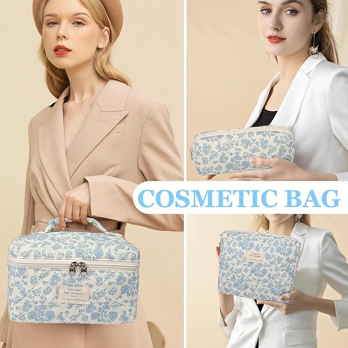 Large Makeup Bag Set, Quilted Makeup Bag, Floral Cosmetic Bag for Women, Cute Cotton Makeup Bags, Flower Travel Toiletry Organizer Bag (white)