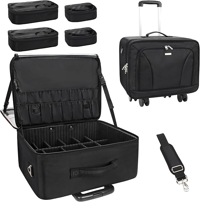 MONSTINA Rolling Makeup Train Case, Cosmetology Case on Wheels Makeup Artist Bag Professional Cosmetics Beauty Hairdresser Bag Hairstylist Cosmetic Bag with 4 Bags Extra Large Makeup Bag with Wheels