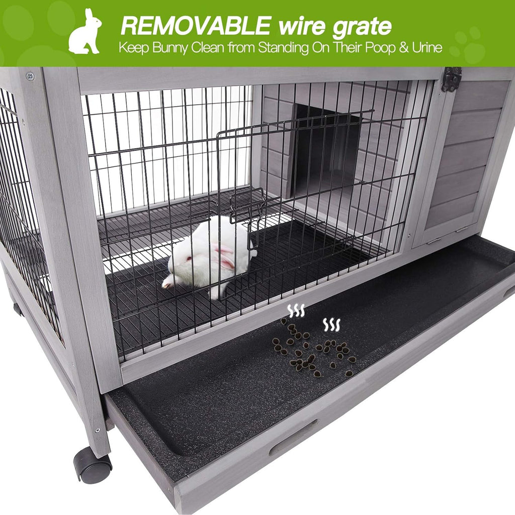 Indoor Rabbit Hutch Bunny Cage with 4 Casters, Bunny Hutch -Removable Wire Grate