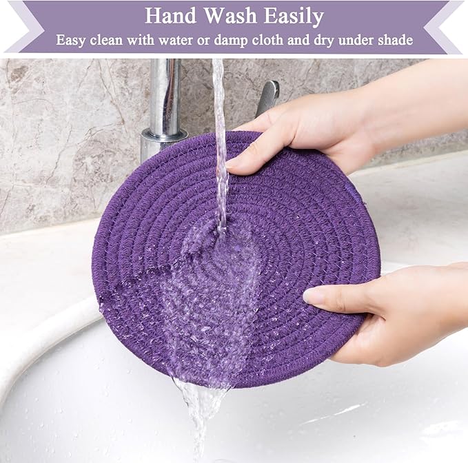 SHACOS 8 Inches Trivets for Hot Dishes, 4 Pieces Cotton Trivets Mats for Kitchen, Hot Pads for Countertops and Table, Heat-Resistant Pot Holders for Hot Pots and Pans(Purple, 4pcs)