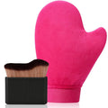2 in 1 Professional Self Tanning Mitt Kit - Luxury Self Tanner Mitt, Self Tan Mitt And Brush Tanning Glove Kabuki Body Brush For Streak-Free Lotion, Sunless Spray Tan On Face And Body Rose Pink