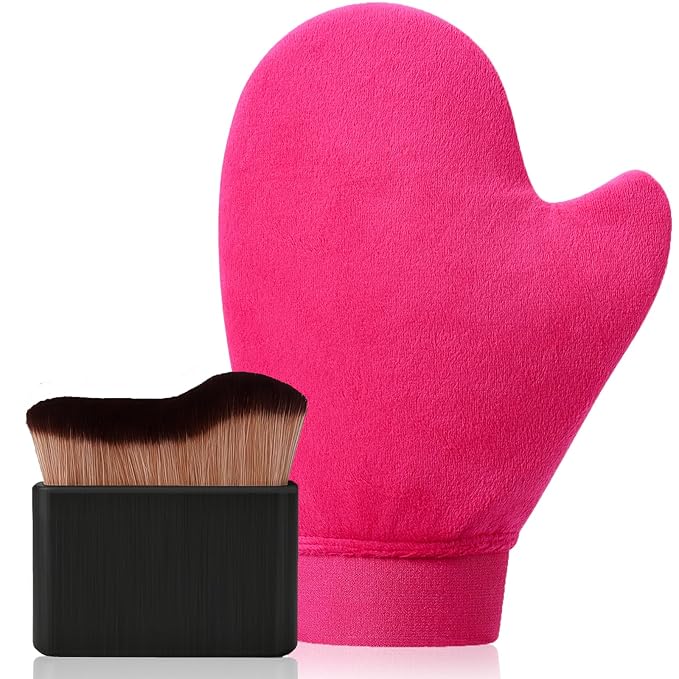 2 in 1 Professional Self Tanning Mitt Kit - Luxury Self Tanner Mitt, Self Tan Mitt And Brush Tanning Glove Kabuki Body Brush For Streak-Free Lotion, Sunless Spray Tan On Face And Body Rose Pink