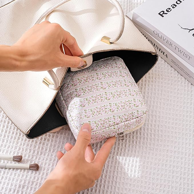 Small Quilted Cosmetic Pouch for Purse, Mini Cotton Makeup Bag with Compartments, Cute Zipper Lipstick Holder for Women (17Small Pink Flower)