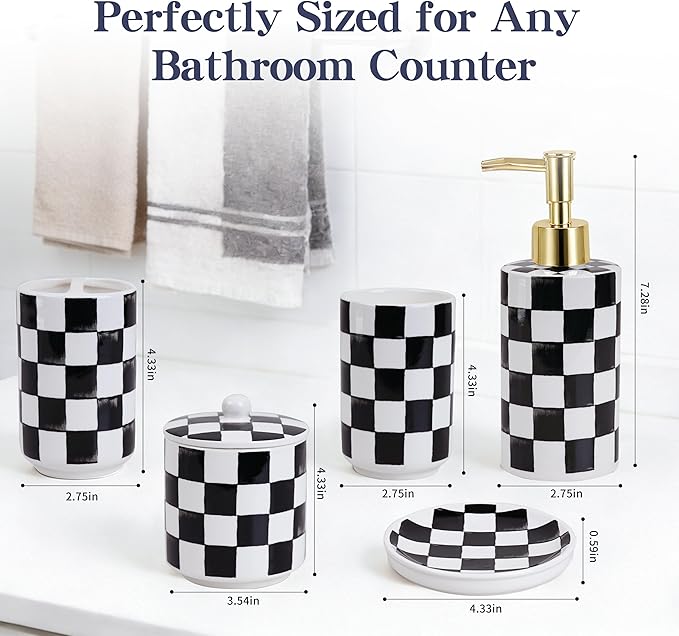 Ceramic Bathroom Soap Dispenser Set, Black and White Checkered Bathroom Vanity Set with Lotion Pump, Toothbrush Holder, Soap Dish & Storage Jar, Modern Bathroom Sink Accessories