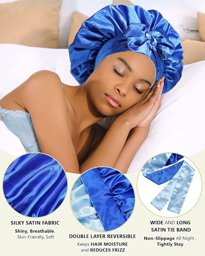 AWAYTR Satin Bonnet Silk Hair Wrap Sleeping Cap for Women with Curly Hair, Reversible Double Layer Sleep Cap with Tie Band (Blue) 7 7/8-8