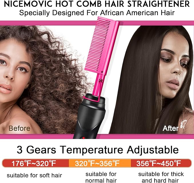 NICEMOVIC Ceramic Heating Hair Straightener Comb - Hot Pressing Brush for Natural Black Hair, Beard Wigs, and Curling (Pink)