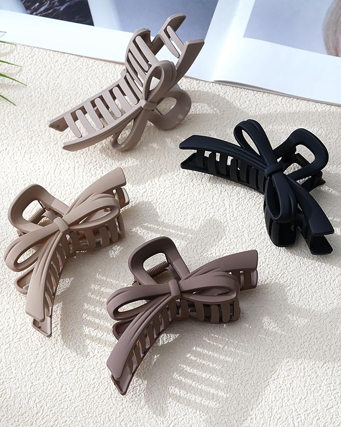 Mesovor 4 Pack Cute Bow Claw Clips, Nonslip 4.92" Large Matte Strong Hold Bows Hair Clips for Thin and Thick Hair | Chic Hairclips for Holidays or Everyday Hairstyle (Neutral Matte)