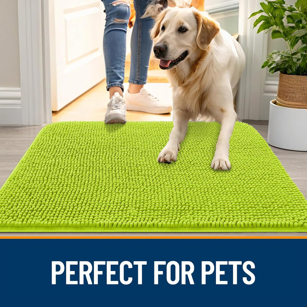 OLANLY Dog Door Mat for Muddy Paws 30x20, Absorbs Moisture and Dirt, Absorbent Non-Slip Washable Doormat, Quick Dry Chenille Mud Mat, Entry Indoor Entryway Carpet for Inside Floor, Bright Green