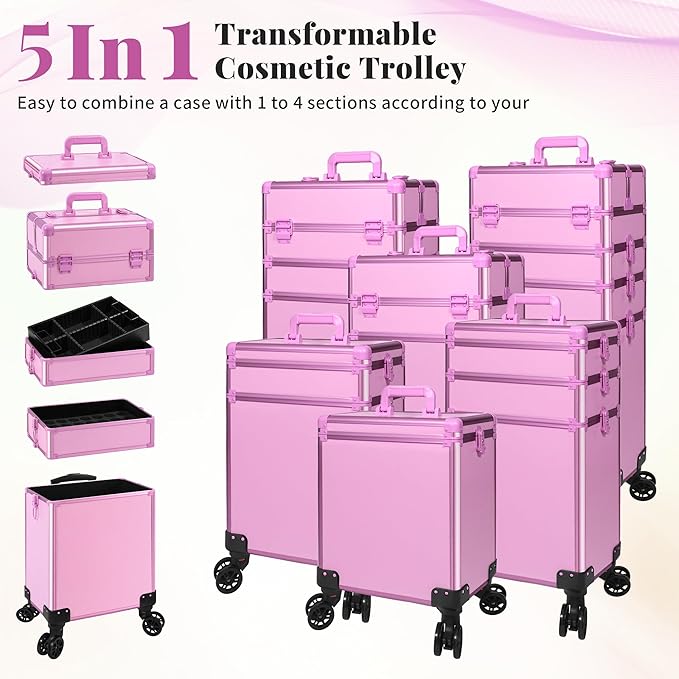 Profesional Rolling Makeup Train Case with Lid, 5 in 1 Cosmetology Case on Wheels, Large Cosmetic Trolley Organizer Travel for Hairstylist Artist Nail Beauty Salon Barber, Pink