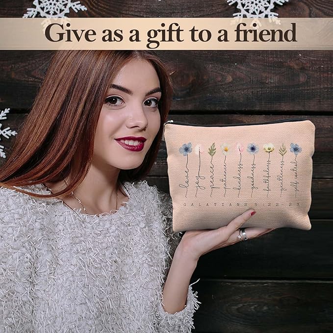 Christian Gifts Makeup Bag, Floral Christian Cosmetic Bags for Women, Galatians 5:22-23 Bible Verse Makeup Pouch, Faith Based Gifts Zipper Pouch(light pink)