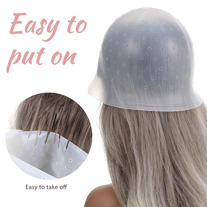 Punched Silicone Highlight Hair Cap with Needle, Professional Reusable Highlighting Poked Hole Caps with Hooks for Color Hair Salon Hairdressing Dyeing Staining Tools for Women Men