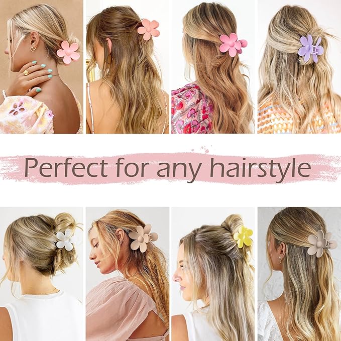 Flower Hair Clips 8PCS, Hair Claw Clips for Women Thick Thin Hair, Flower Claw Clips Matte Non Slip Strong Hold Hair Clips for Women Girls, Large Cute Claw Clips Big Hair Jaw Clips 8 Colors