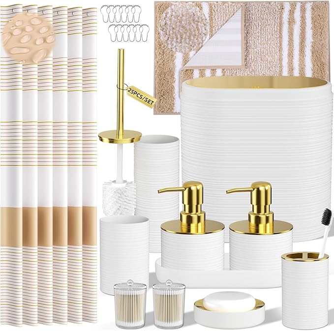 Bathroom Set - Bathroom Sets with Shower Curtain and Rugs, 25PC Bathroom Accessory Set, White Bathroom Accessories Set with Trash Can, Soap Dispensers
