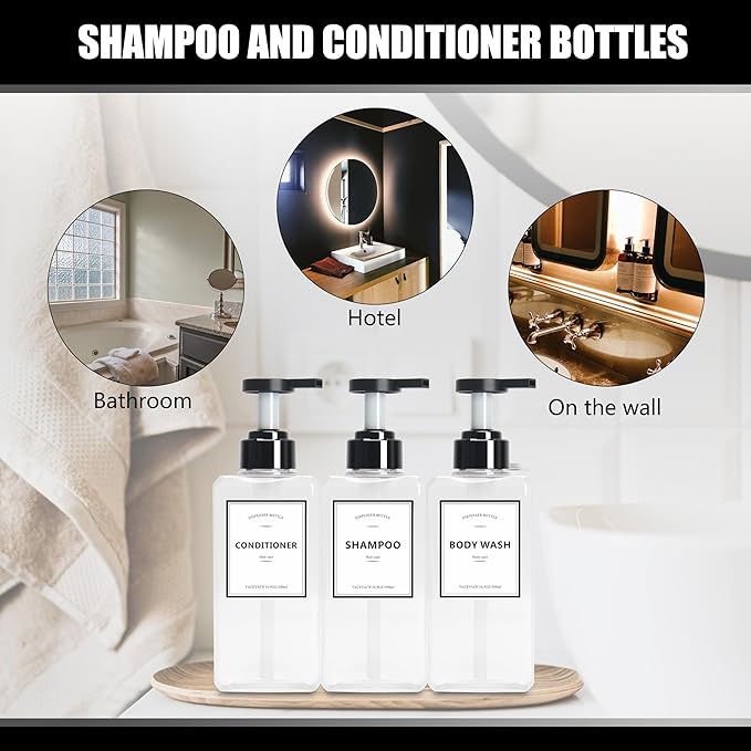 YACAYACE 16.9oz Clear Shampoo and Conditioner Dispenser Set, Refillable Pump Soap Bottles for Shower