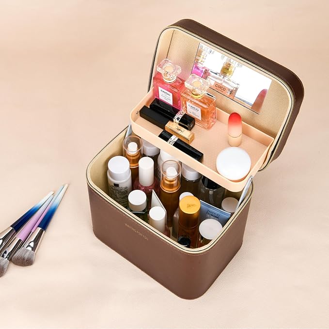 Luxury brown makeup box, Portable leather hard cosmetic case with mirror, Sturdy train case make up box for women adults. (Double-layer-Brown)