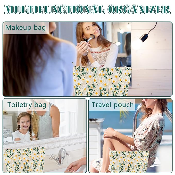 ZLFSRQ Daisy Flower Makeup Bag Travel Cute Floral Cosmetic Bag for Women Girls Small Embroidery Makeup Zipper Portable Storage Toiletry Pouch for Purse Aesthetic Christmas Essential Cosmetic Organizer