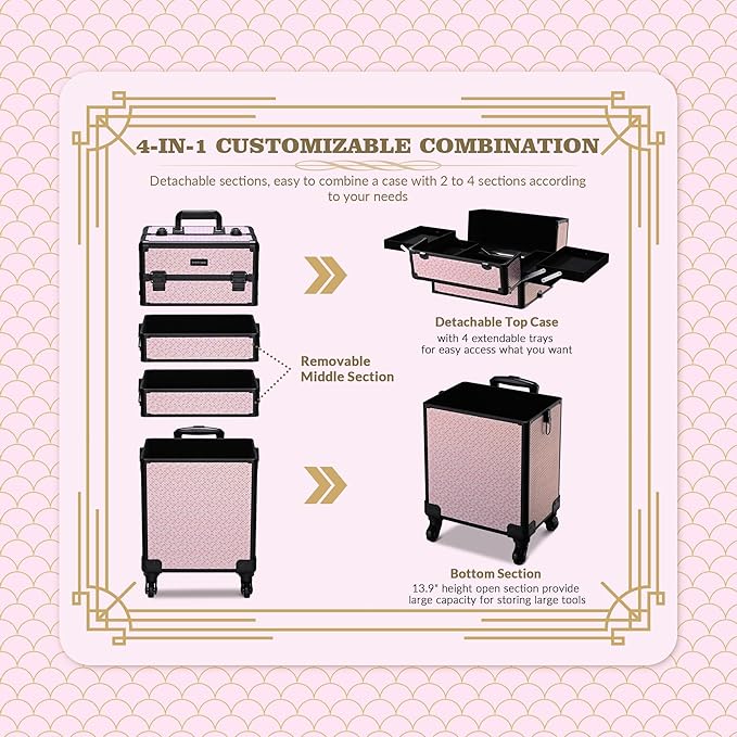 BYOOTIQUE Rolling Makeup Train Case on Wheels 3-Piece Hairdressing Brush Bags Cosmetology Art Deco Bloom