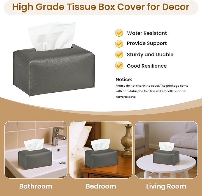 Long Tissue Box Cover, PU Leather Tissue Holder Rectangle, Facial Paper Organizer, Modern Dispenser for Bathroom, Kitchen, Home, Office, Tabletop (1, Grey, Short)