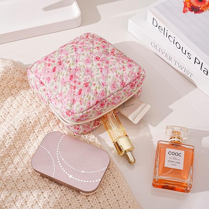 Small Quilted Cotton Makeup Bag for Purse, Cosmetic Bag with Compartments, Cotton Aesthetic Makeup Bag, Travel Toiletry Pouch, Lipstick Bag Card Holder Data Cable Organizer (15Small Pinkflower)