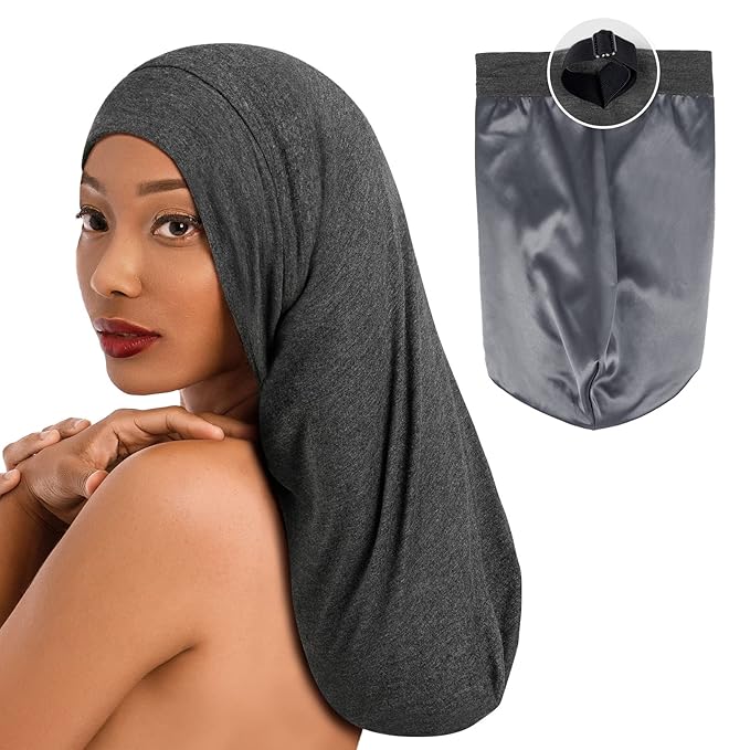 Fittia Long XL Silk Satin Bonnet for Braids, Dreadlocks for Curly Hair Sleeping, Large Silk Sleep Cap for Black Women Men Frizzy Hair